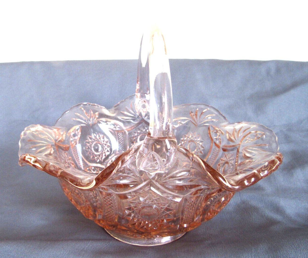 Vintage L. E. Smith Pink Press cut Sandwich basket Ruffled edge 7" tall