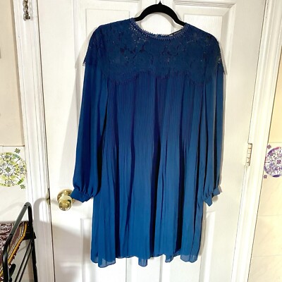 Zara Teal Blue Pleated Lace Chiffon Short Flowy Babydoll Mini Shift Dress-M  | eBay