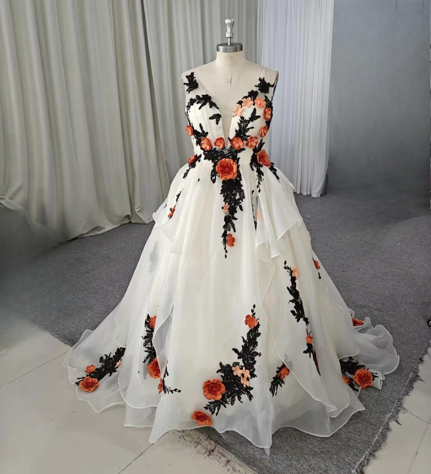Vinatge Champagne Wedding Dresses V Neck 3D Florals Tiered A Line Bridal Gowns - Image 3 of 4