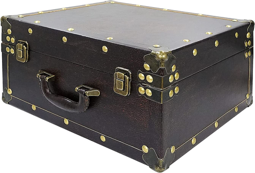 Large Wooden Decorative Storage Trunk - Wood Leather Treasure Chest Box Vintage - Picture 3 of 7