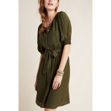Anthropologie Moss Green Nicole Puff Sleeve Shirt Dress