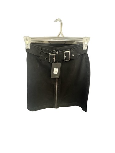 Fashion Nova Black Mini Skirt Buckle It Up Denim Zipper Down Front Medium NEW - Picture 10 of 11