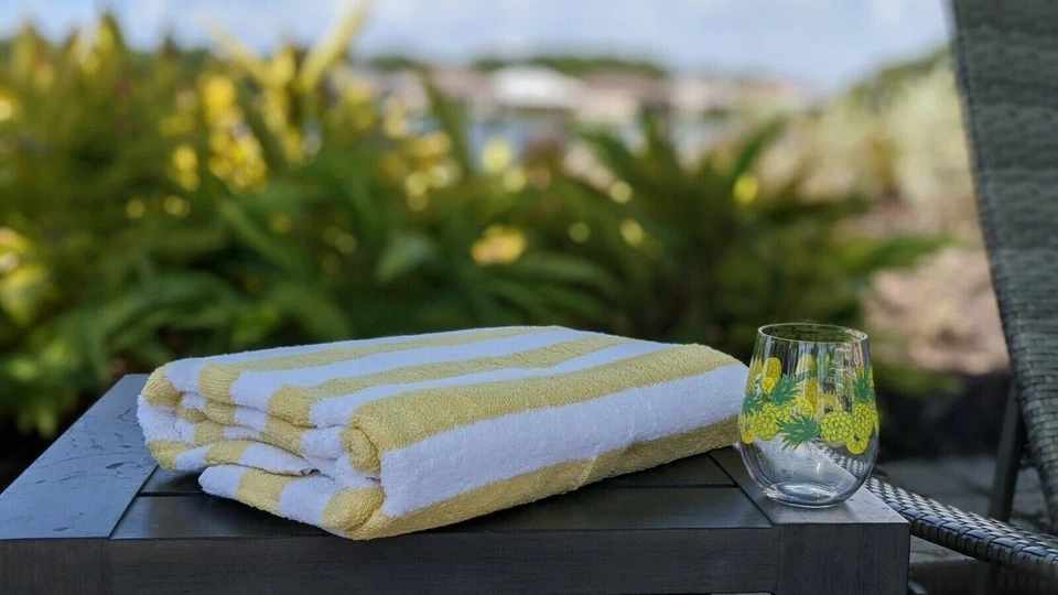 3 Piezas - Toallas de Playa Hotel Spa Piscina 100% Algodón Hilado en Anillo Amarillo/Blanco Rayas Foto 3 de 4