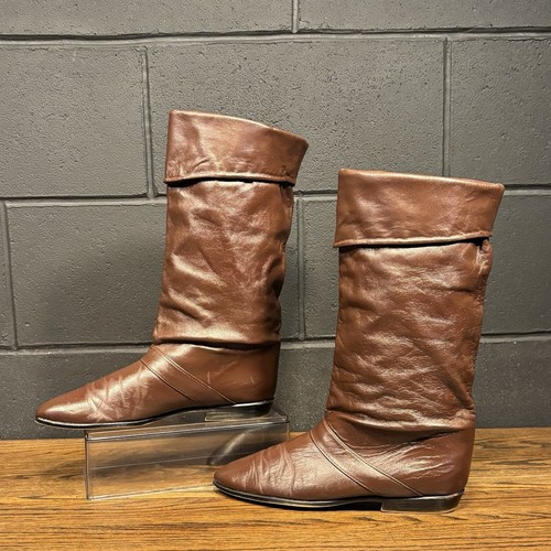 Vintage Joyce Slouch Boots Brown Leather Size 10 N Mid Calf Granny - Image 1