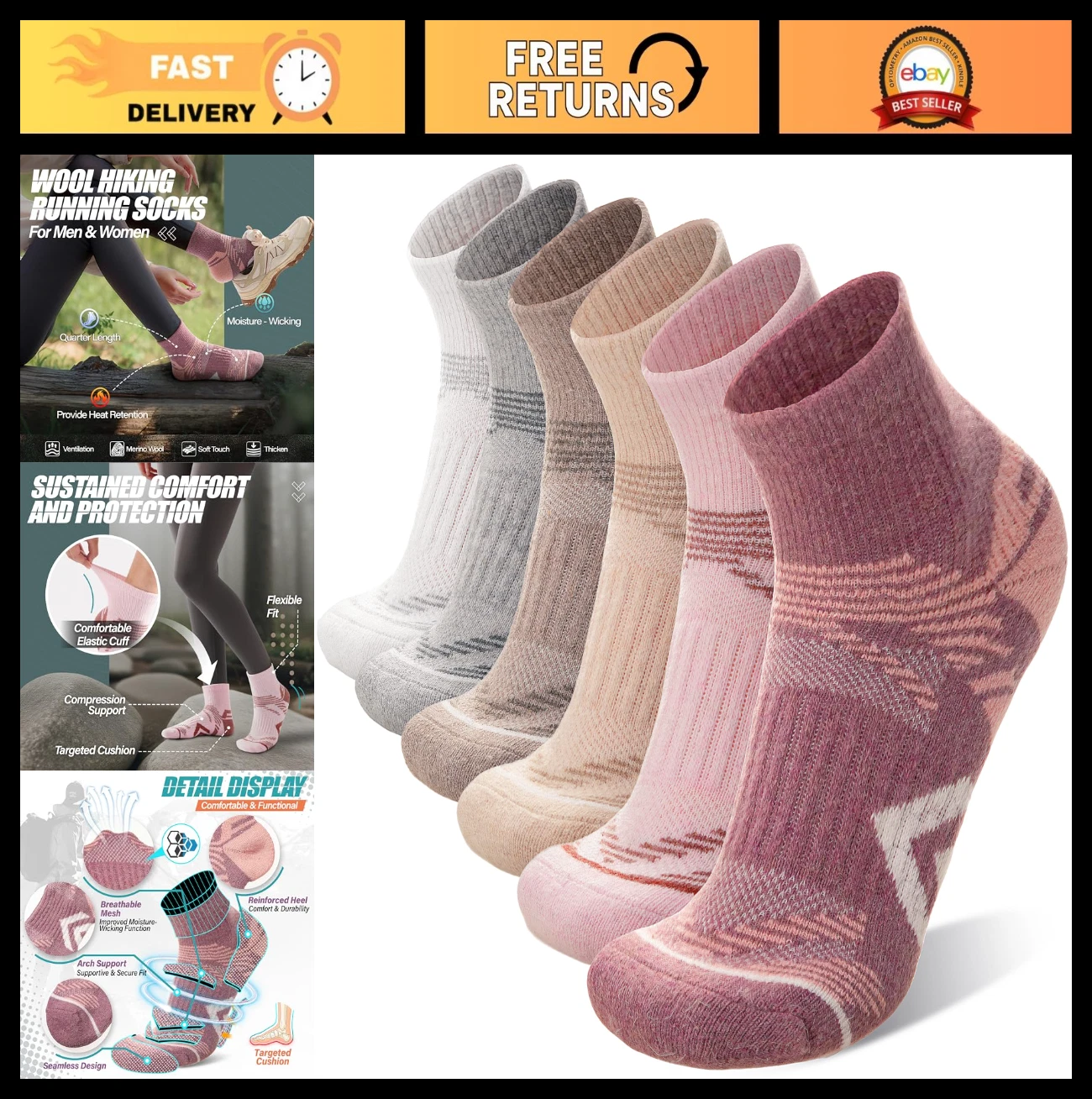6 Pairs Merino Wool Compression Ankle Socks for Hiking, Running, Thermal Cushion
