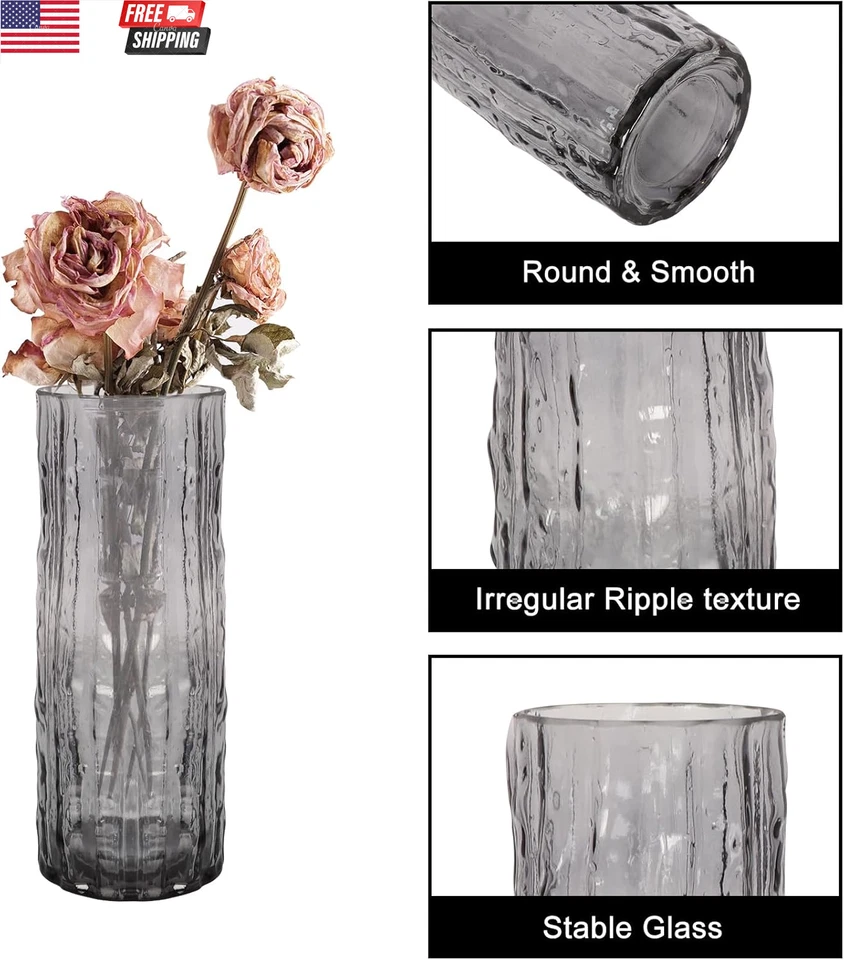 Jarrón de vidrio negro de 9,8 pulgadas, florero de vidrio glaciar, florero acanalado cilindro boho Foto 3 de 4