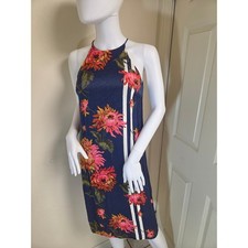 Zara Trafaluc Navy Floral Halter Midi Dress Pink Orange Stripes XS