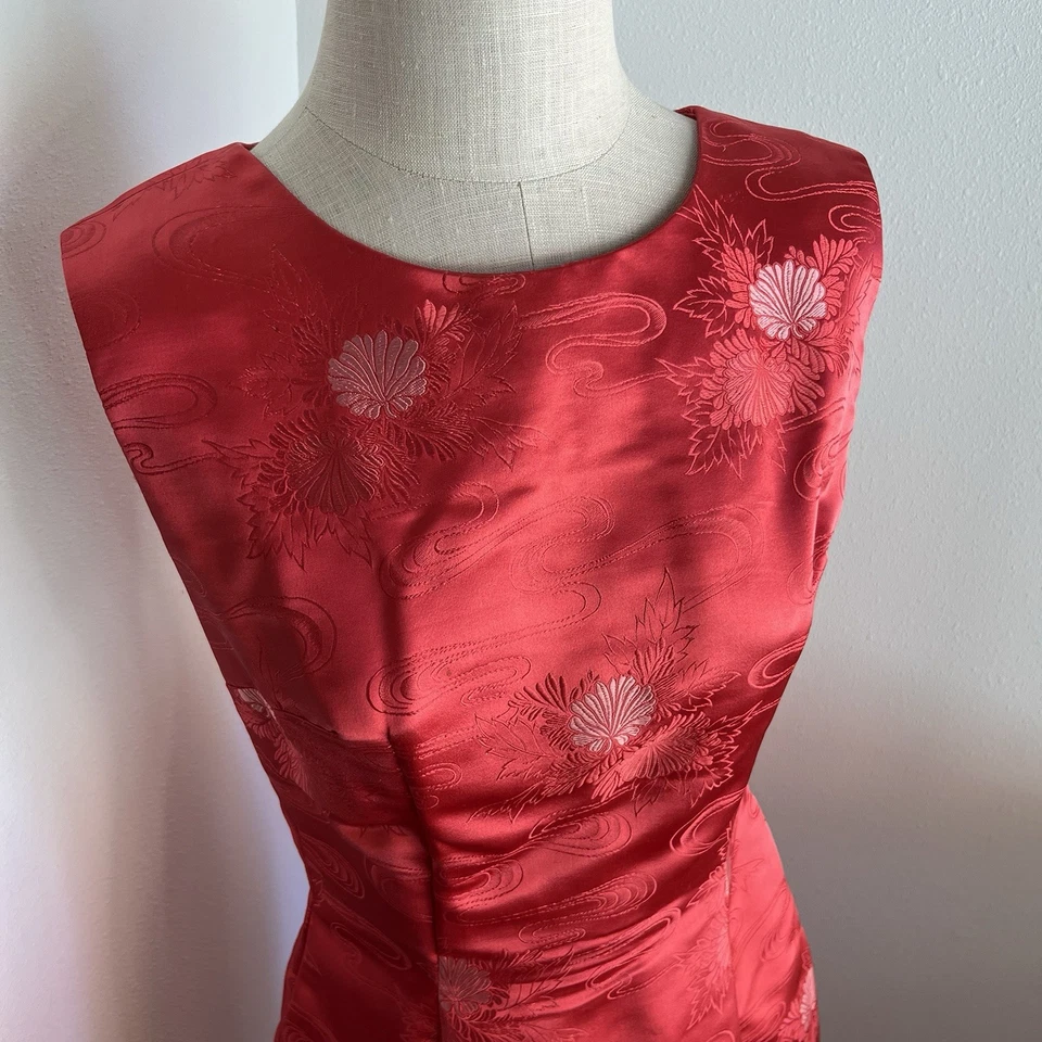 Vtg 60s Fou Wah Hong Kong Silk Satin Dress Red Brocade Size XS/S w/Jacket- 2 pc - Image 2 of 4