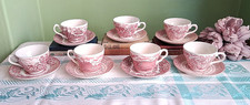VINTAGE MISMATCHED PINK & WHITE IRONSTONE TEACUPS & SAUCERS 7 DUOS (14 pieces)