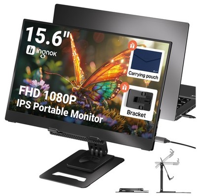 Ingnok 15,6'' Tragbarer Monitor, FHD 1080P IPS Ultra-Slim Reisemonitor Schwarz 