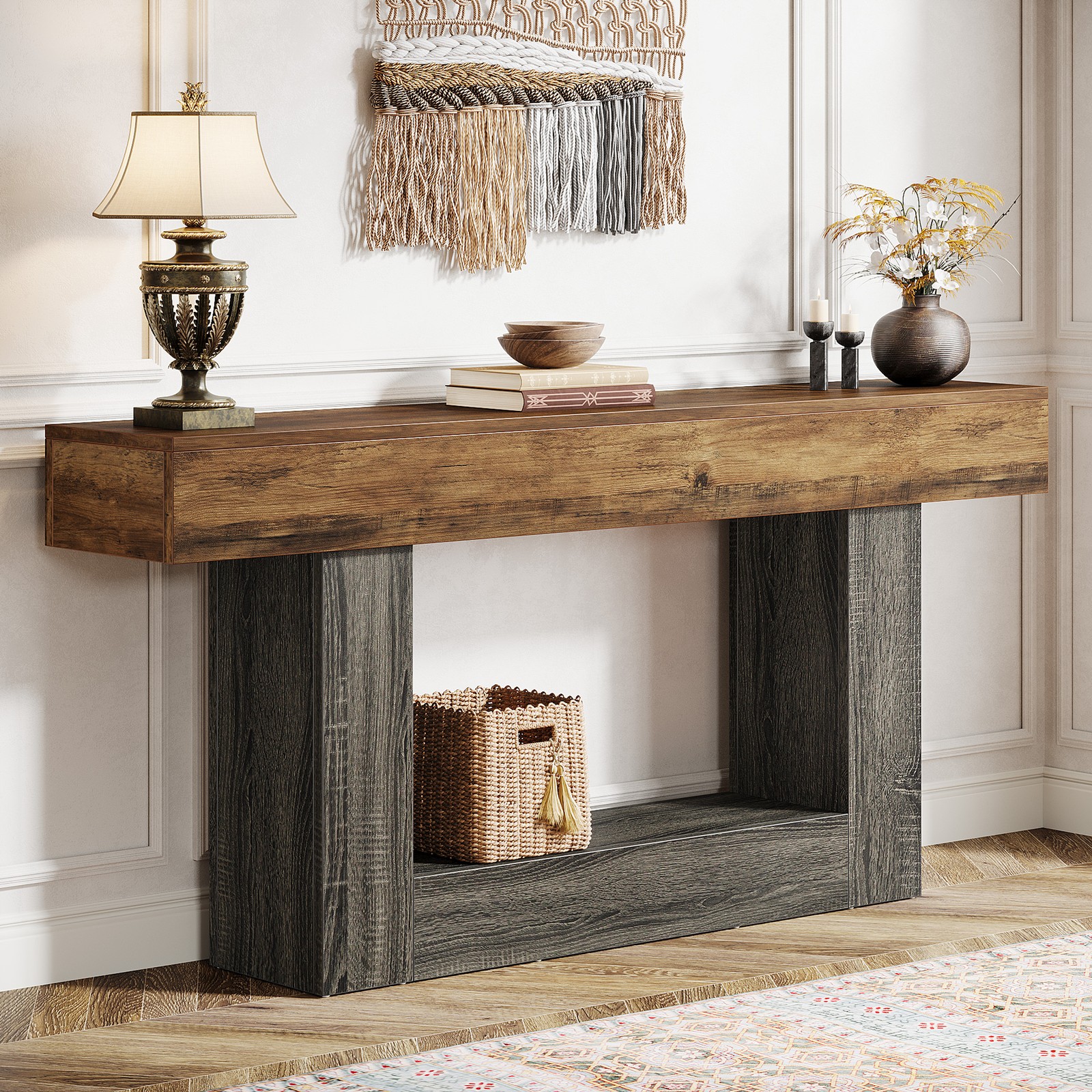 63" Console Table, Farmhouse 2-Tier Entryway Table, Narrow L