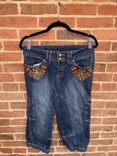 Jeans donna Anisette ricamati con perline cargo denim Capri blu