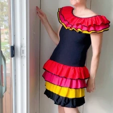 Vintage 80s Ruffle Fiesta Dress  Colorblock Tiered Mini Carmen Miranda Vibes