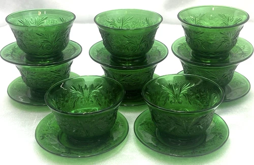 Vintage Anchor Hocking Sandwich Forest Green Custard Cups with Liners Set of 8