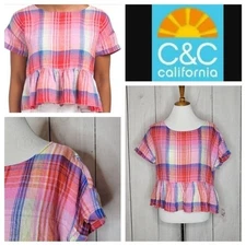 C&C California Plaid Linen Cropped Peplum Top M