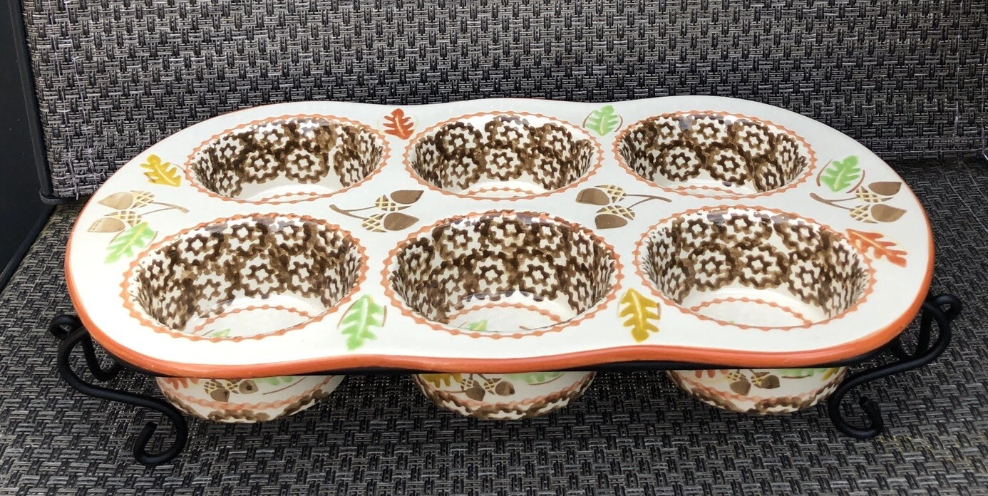 Temptations By Tara Old World Stoneware Muffin Cupcake Pan Fall Acorn W/Rack