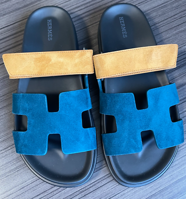 New Hermes Women Chypre Sandals Suede Green vert mousse/ naturel