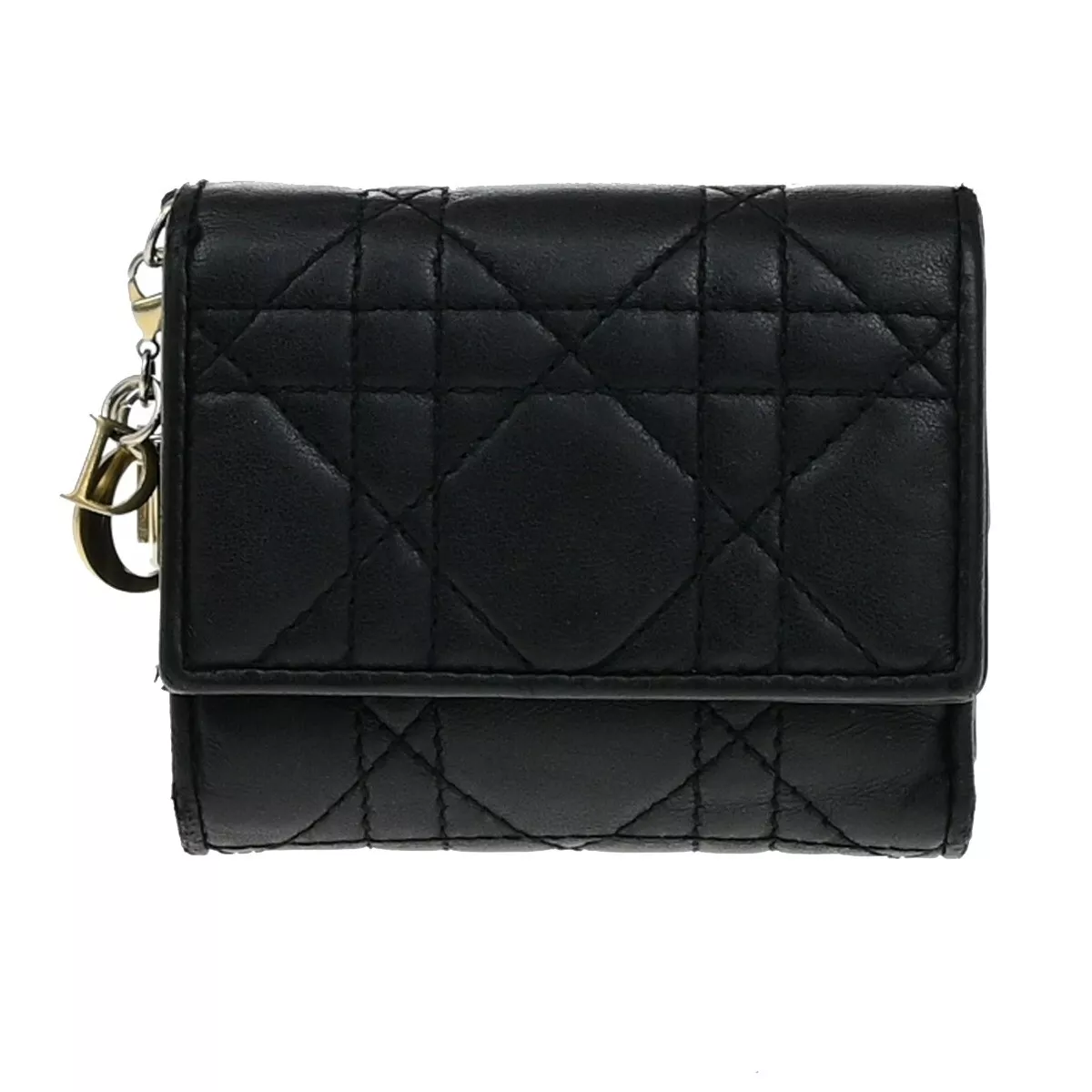 CHRISTIAN DIOR Portefeuille Charm Cannage Triple Compact Cuir Noir GHW 65ED562