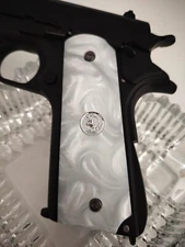 Colt white pearl 1911 grip sliver metal medallion Government Commander full size