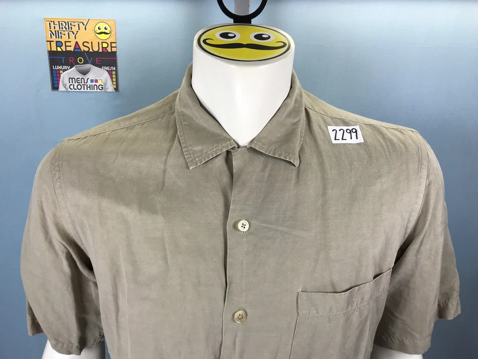 Mens Talbots Medium Hazel Wood S/S Button Down Hawaiian Shirt Linen Silk *Tear - Image 2 of 4