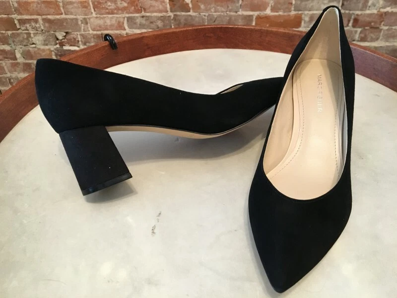 Marc Fisher Black Suede Mana Pointed Toe Low Block Heel Pumps New