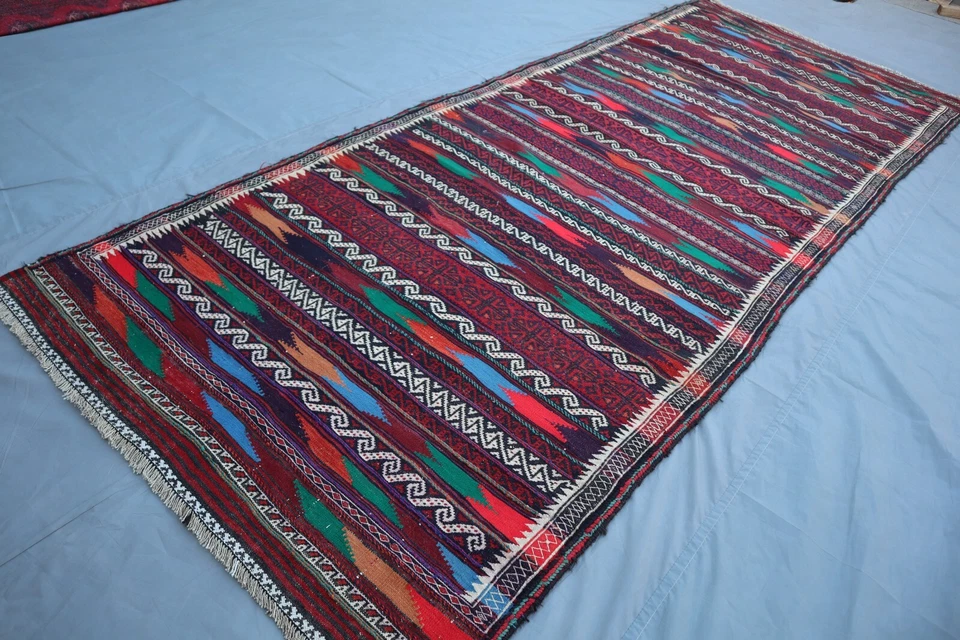 4x10 Vintage Afghan Wide Runner Rug – Tribal Striped Nomadic Design – Handwoven. - Image 3 of 4
