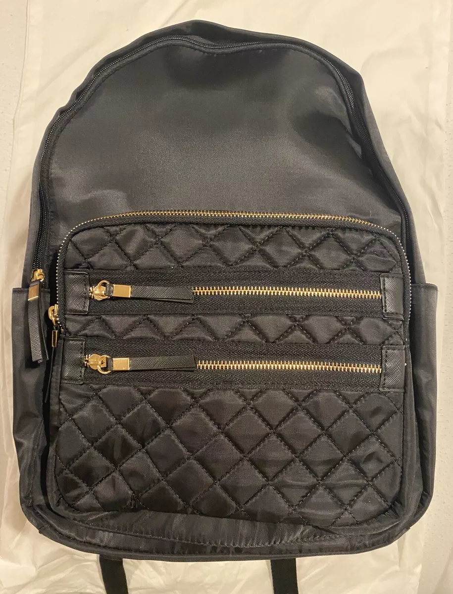 New Look Black Satin Backpack Quilted Pocket Gold Hardware Rucksack