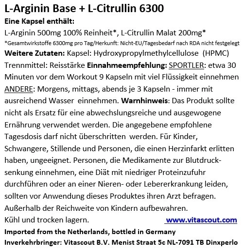 L-ARGININ BASE 100% + CITRULLIN 6300mg 600 Kapseln pflanzlich VEGAN LABORGEPRÜFT - Bild 2 von 4