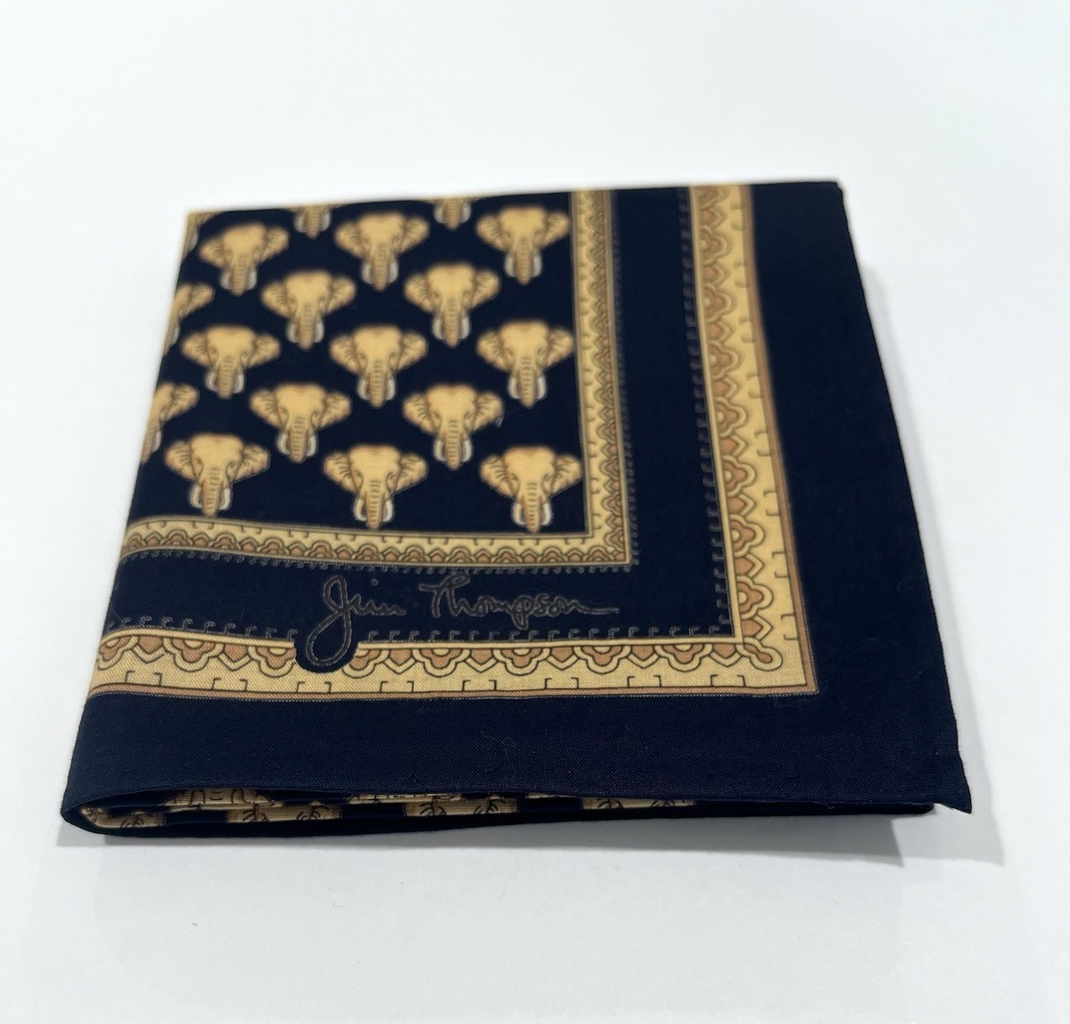 MEN HANDKERCHIEF VINTAGE JIM THOMSON ART ELEPHANT NAVY COTTON