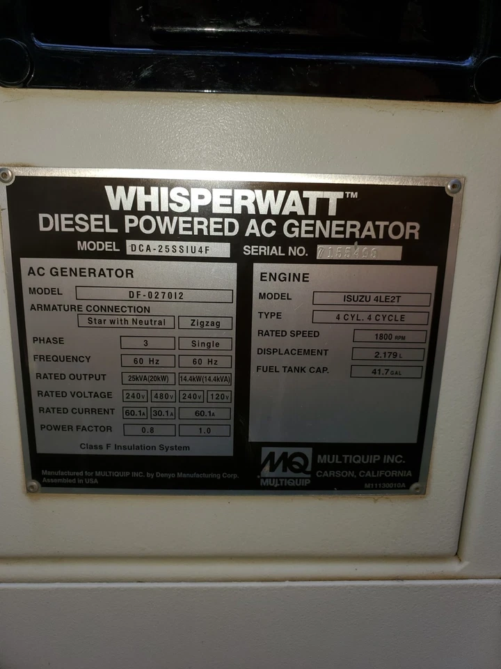 2018 MULTIQUIP WHISPERWATT 25 KVA 20 KW DIESEL GENERATOR DCA25SSIU4F - 3,962 HRS - Image 4 of 4