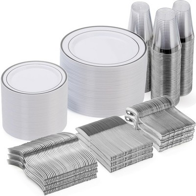 600 Piece Disposable Silver Plates for 100 Guests, Plastic Dinnerware Set of ...