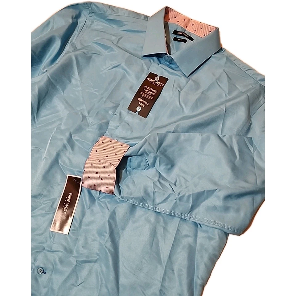 Nine West 衬衫男式 XL 17-17.5 34/35 修身纽扣长袖蓝色新品 — 第 2/4 张图片