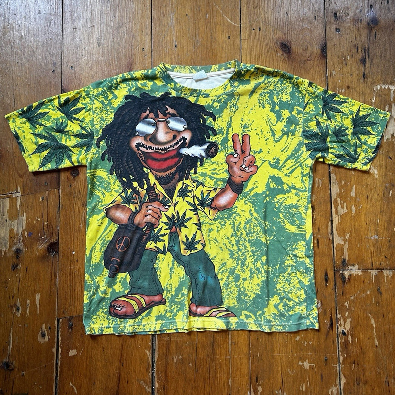 Vintage Tattoo Men’s Yellow/Green/Black Rasta Peace Graphic T-Shirt L
