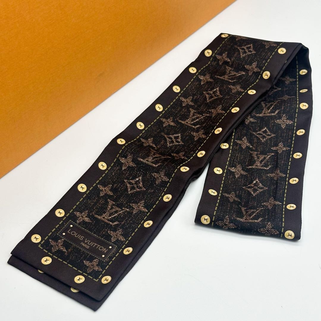 Louis Vuitton Monogram Silk Bando Scarf Brown Denim