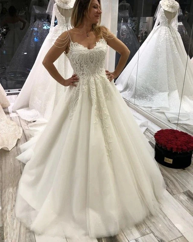 Vestidos de novia románticos tirantes de espagueti apliques de encaje línea A vestidos de novia Foto 3 de 4