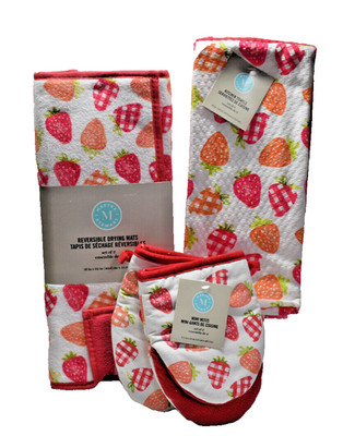 Martha Stewart 7 Piece Strawberry Dish Towels Mini Mitts Dry Mats Set New!