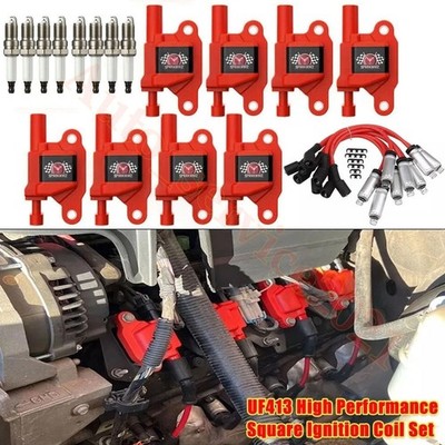 Pack of 8 Square Ignition Coil+Spark Plug+Wire For Chevy GMC 5.3L 6.2L V8 UF413