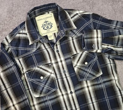 Supply Company USA Men's Size L Pearl Snap Roll Sleeve Blue Plaid Shirt Western