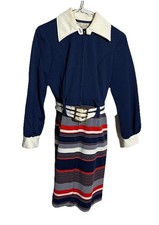 Vintage Plaza South Polyester Sz 8 Collared Belted Blue Dress USA Made Women  s