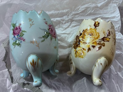 2- Napcoware Hand Painted Floral Porcelain Footed Egg Vase Beige- PA-184 & Blue