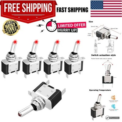 5PCS 12V LED Toggle Switch, Waterproof 3 Pin SPST 20A ON/Off Red Lighted Rock...