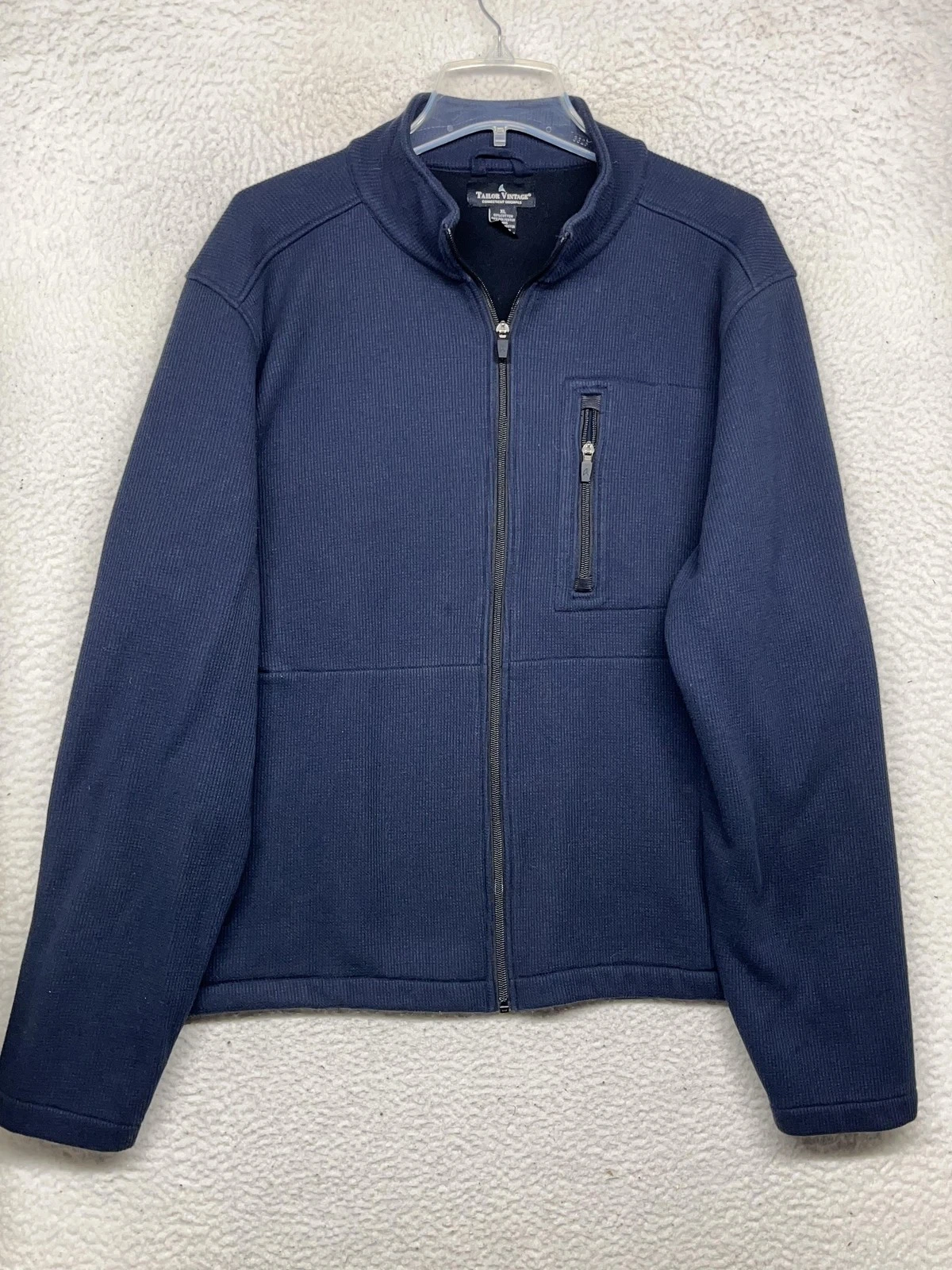 Tailor Vintage Jacket Mens XL Navy Full Zip Fleece Lined Waffle Knit Zip Pockets