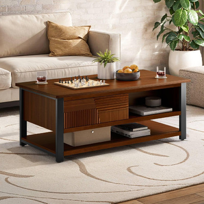 Modern Walnut Trapeze Coffee Table with Storage & Metal Legs for Living Room