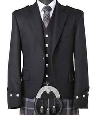 Men  s Black Argyle kilt jacket with vest wedding jacket/ chest 34  to 54  inch