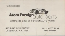1980's 1990's Business Card Atom Foreign Auto Parts Car Lynbrook NY Vtg