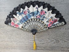 Vintage 1960s Hand Painted Linen  Lace Folding Fan from Taiwan Peacock Flowers
