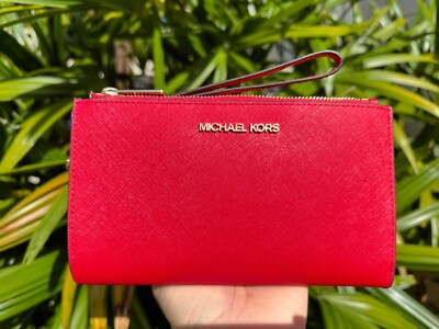Michael Kors Jet Set Travel Double Zip Phone Leather Wallet Red Flame