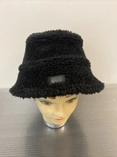 UGG Hat Logo Front Black Faux Fur Bucket Hat Unisex Large VGC Fluffy Head Style