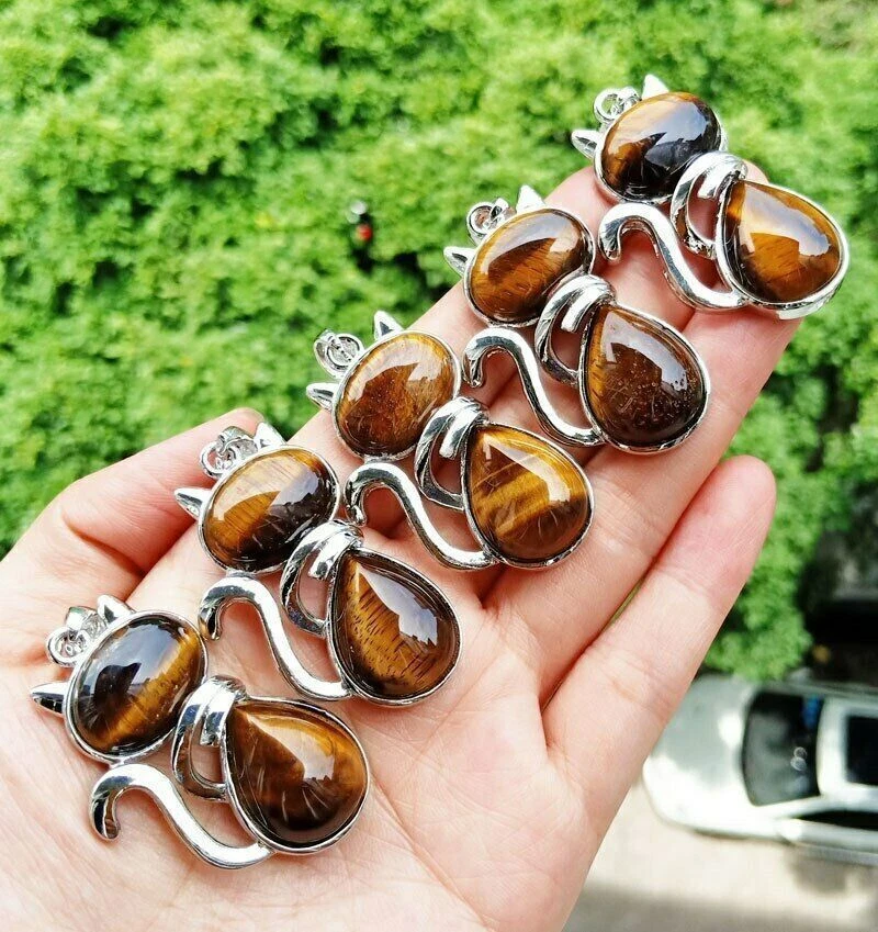 5pcs lot Natural Tiger Eye Stone Cat Pendants Necklace for Jewelry Making