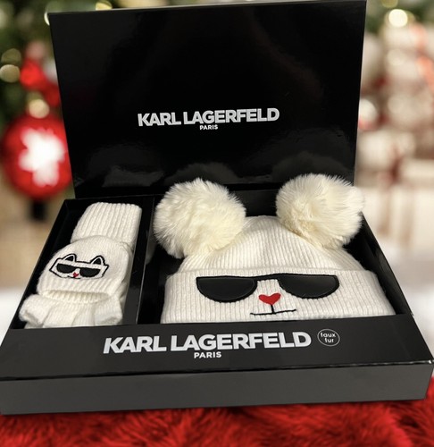 New KARL LAGERFELD PARIS Beanie & Mitten Cream Faux Fur Gift Set - Picture 5 of 24